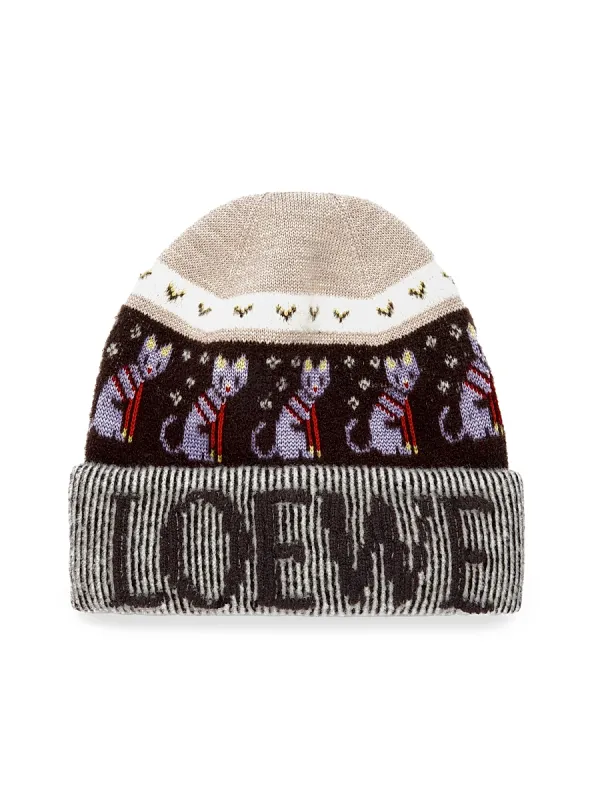 Cat Fair Isle-Inspired Wool Beanie