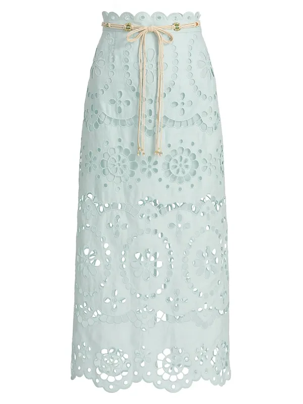 Awaken Laser-Cut Linen Midi-Skirt
