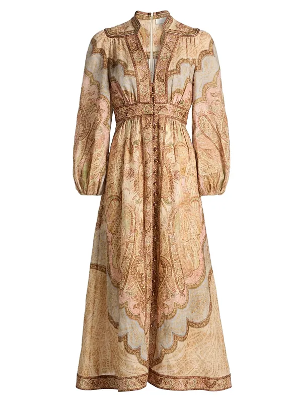 Wanderlust Printed Linen Plunge Midi-Dress