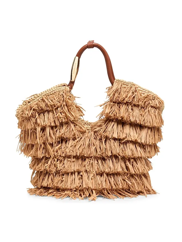 Small Goldentime Fringed Raffia Tote Bag