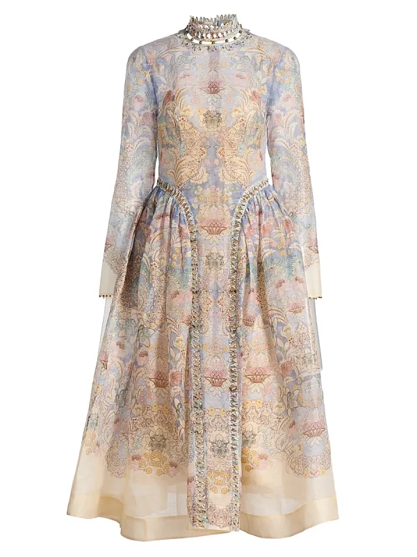 Rebellion Beaded Floral Linen-Silk Midi-Dress