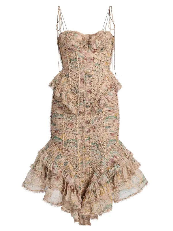 Rebellion Printed Ruffled Corset Midi-Dress