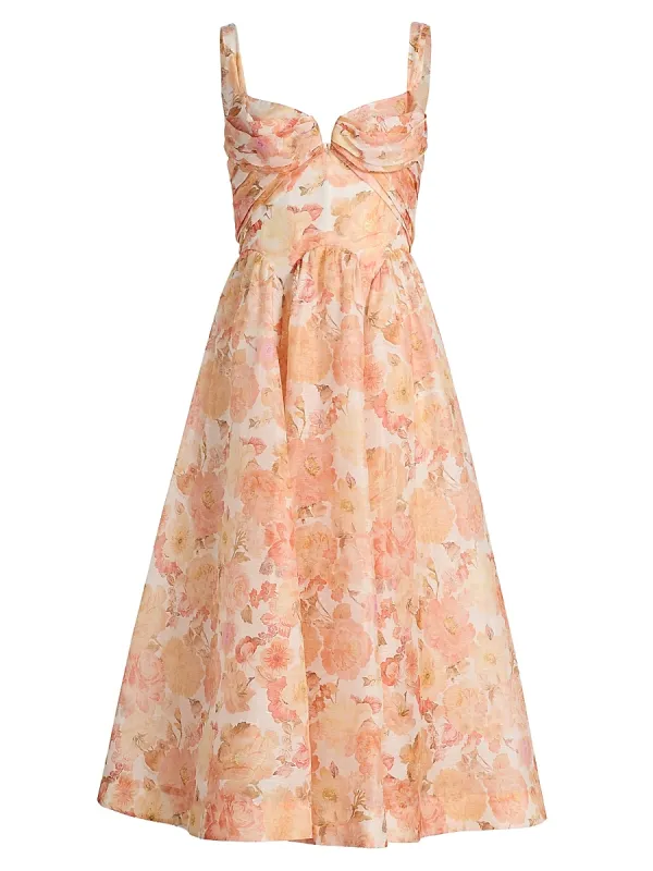 Rebellion Floral Linen-Silk Drape Midi-Dress