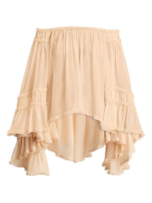Rebellion Off-The-Shoulder Frayed Silk Blouse
