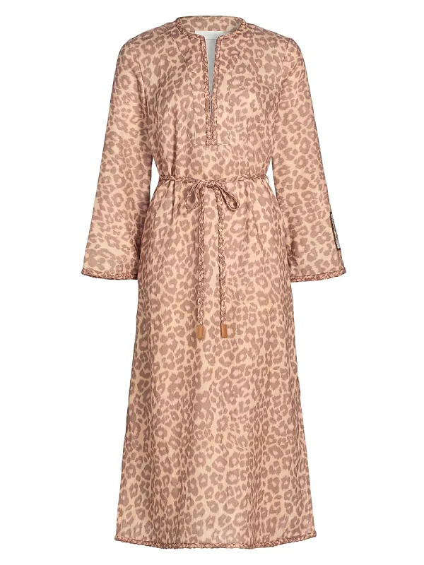 Awaken Leopard-Print Linen Midi-Dress
