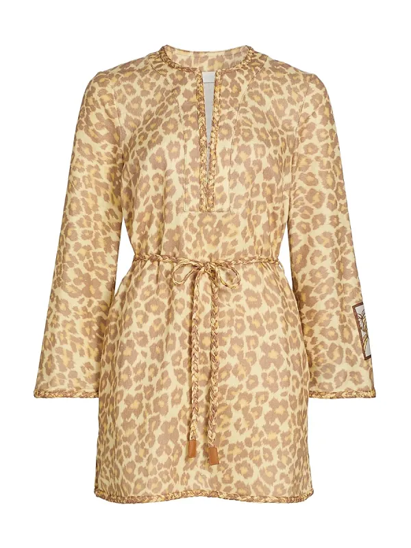 Awaken Braid-Trim Leopard-Print Linen Minidress by Zimmermann