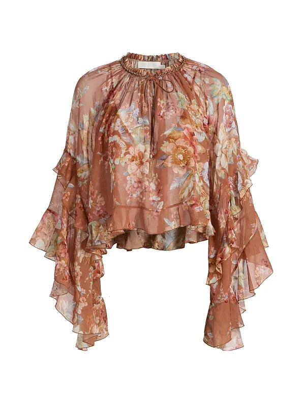 Awaken Floral Cotton-Silk Chiffon Ruffle Blouse