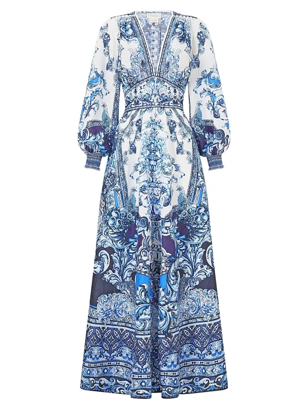 Wonderland Printed Button-Front Maxi Dress