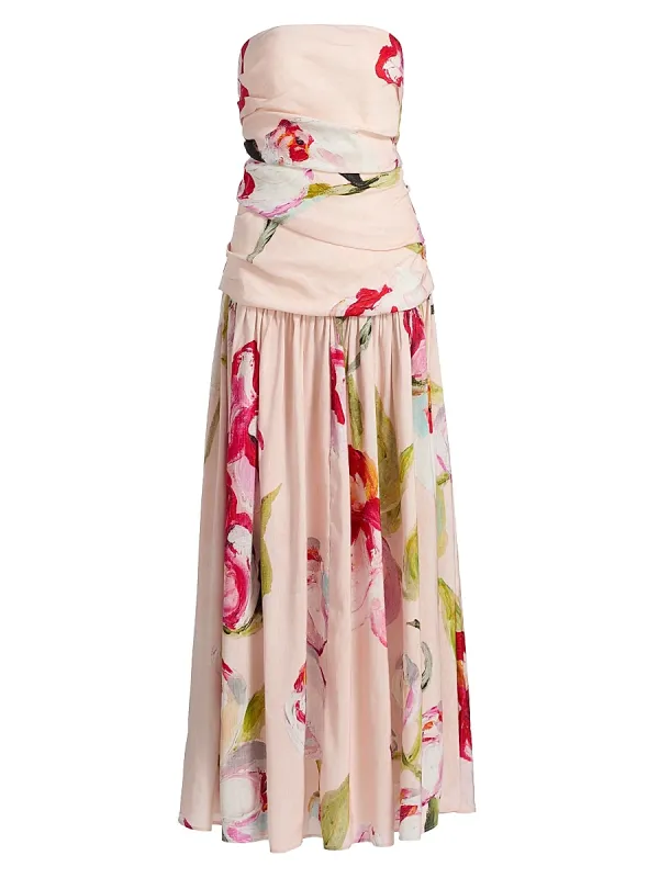 Nershall Watercolor Pintucked Strapless Maxi Dress by Acler