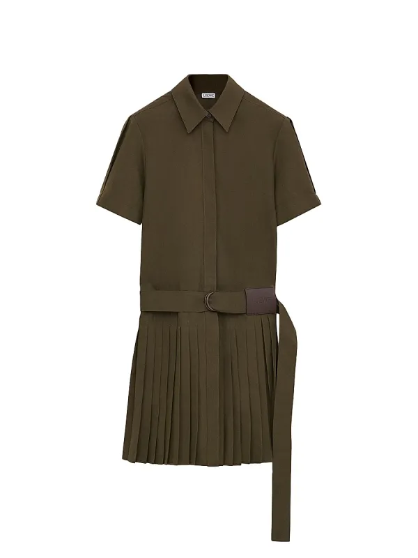 Pleated Cotton Twill Mini-Shirtdress
