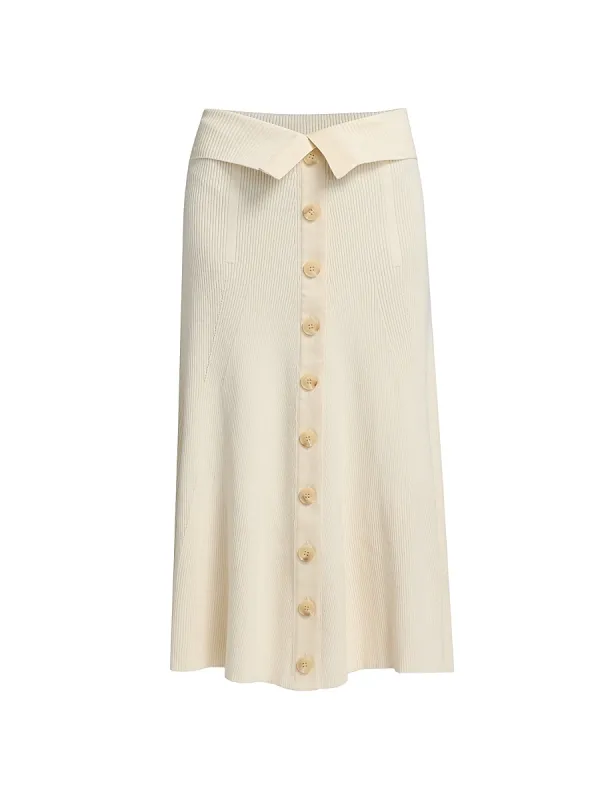 Buttoned Rib-Knit Midi-Skirt