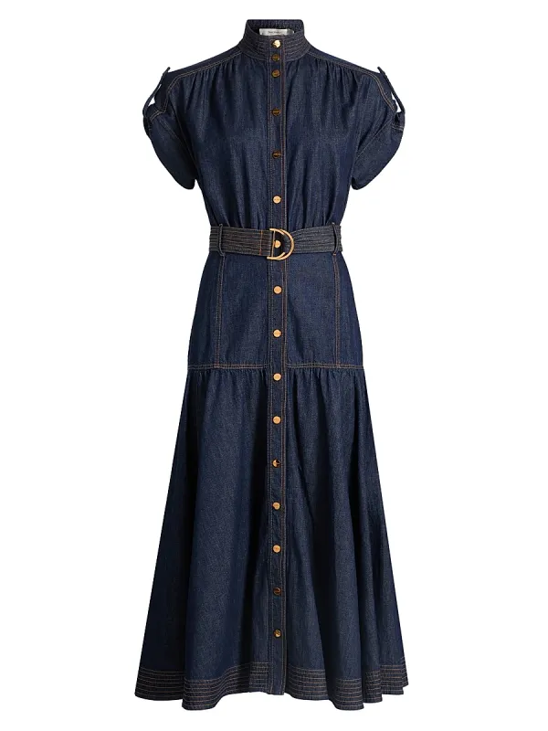 Denim Belted Puff Sleeve Midi-Dress