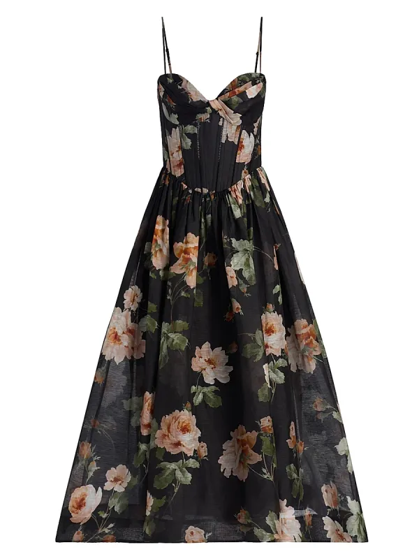 Luna Floral Linen-Silk Midi-Dress by Zimmermann