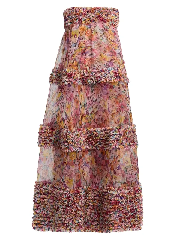 Luna Floral Silk Ruffle Strapless Gown