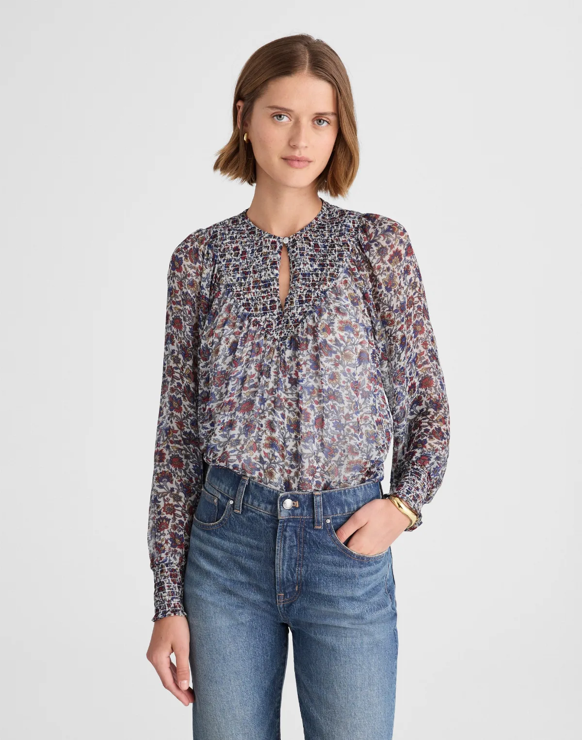 Smocked Split Crewneck Top by MW