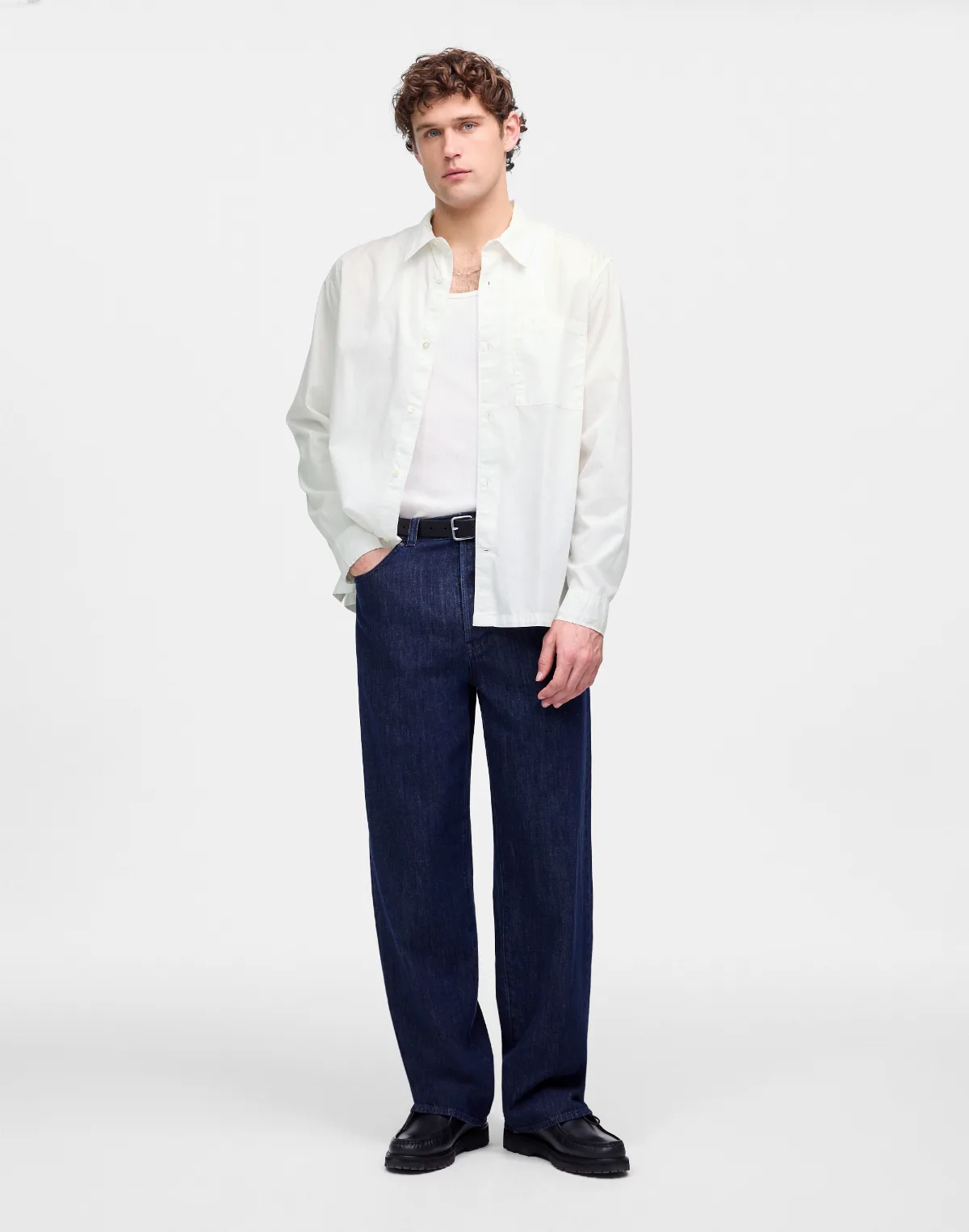 Straight-Hem Cotton Button-Up Shirt