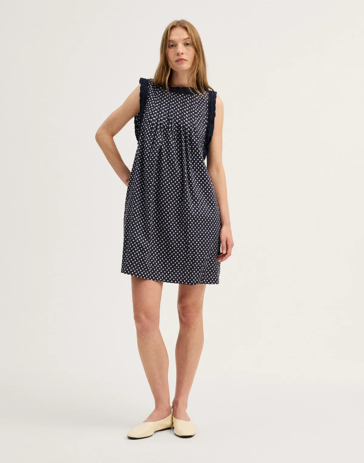 Crochet-Trim Boatneck Mini Dress