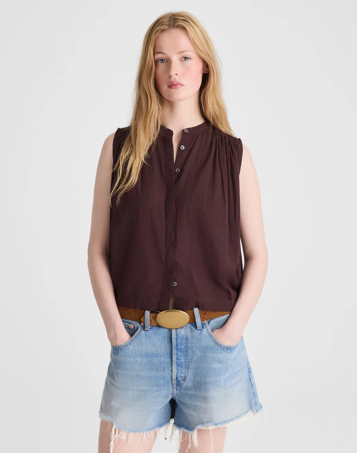 Shirred Button-Up Sleeveless Blouse by MW