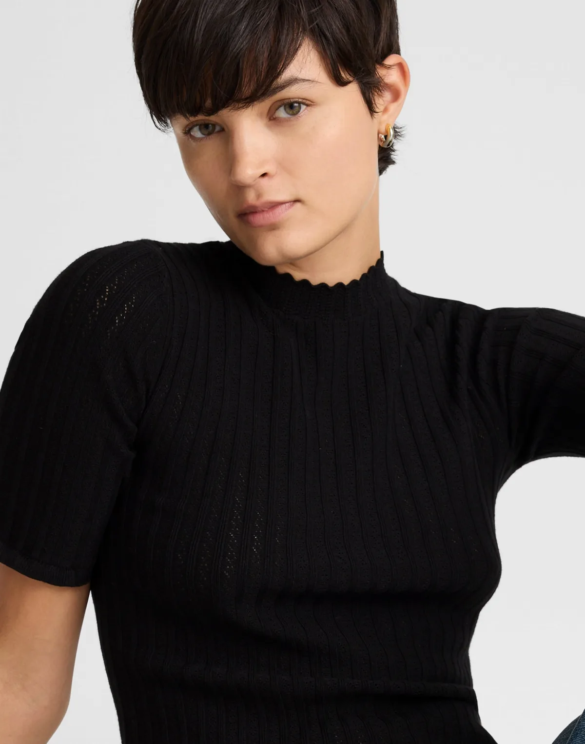 Pointelle-Stitch Mockneck Sweater Tee by MW