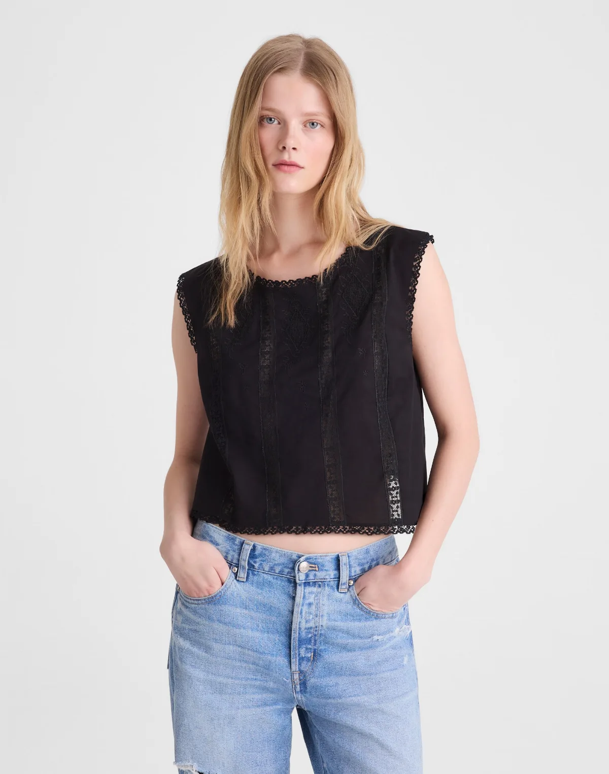 Embroidered Lace-Insert Top by MW
