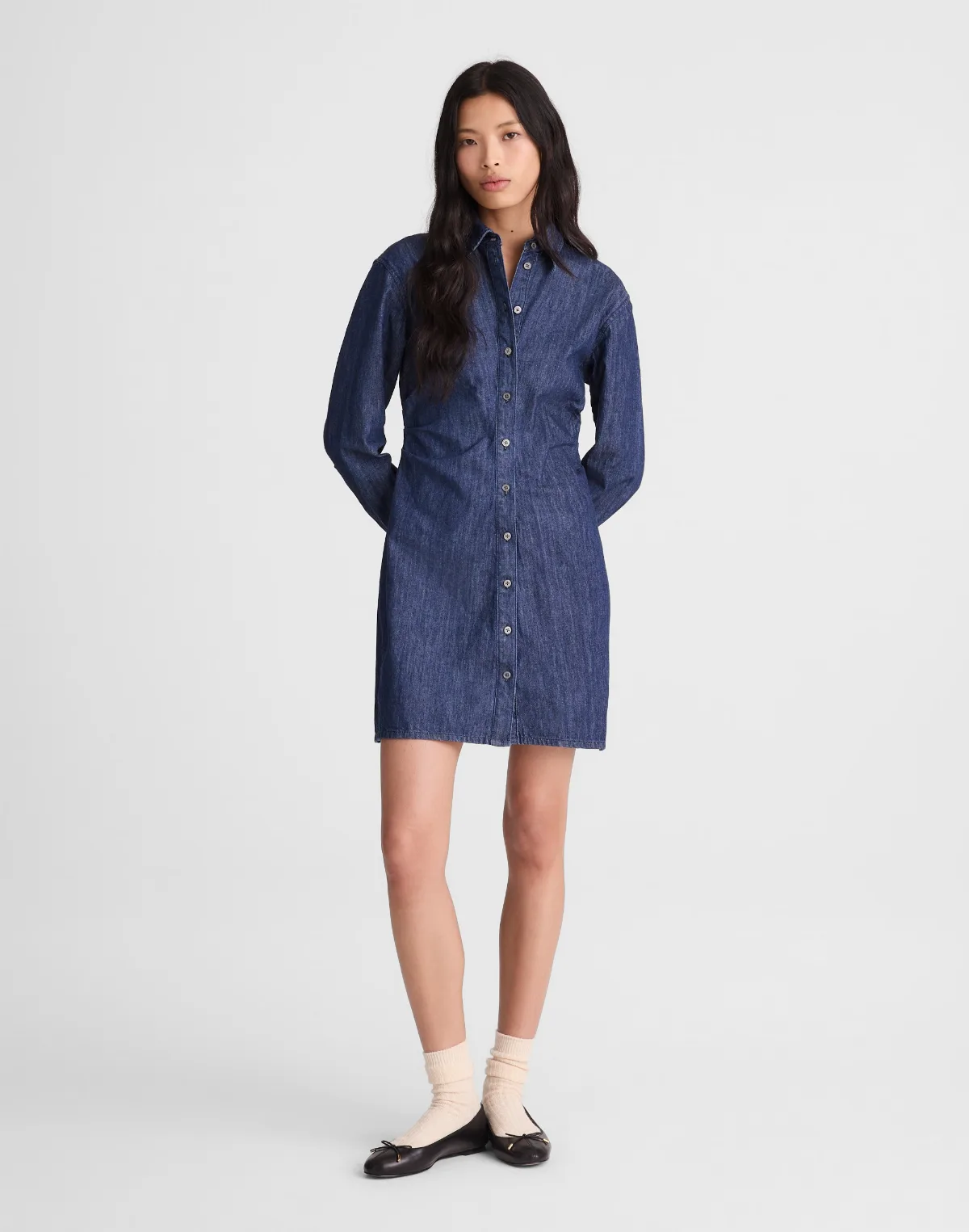 Denim Ruched Mini Shirtdress in Light Rinse Wash