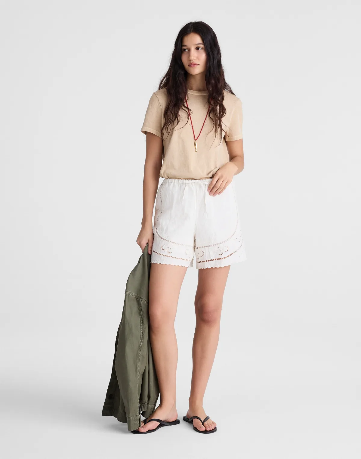Eyelet Drawstring Shorts in 100% Linen by MW