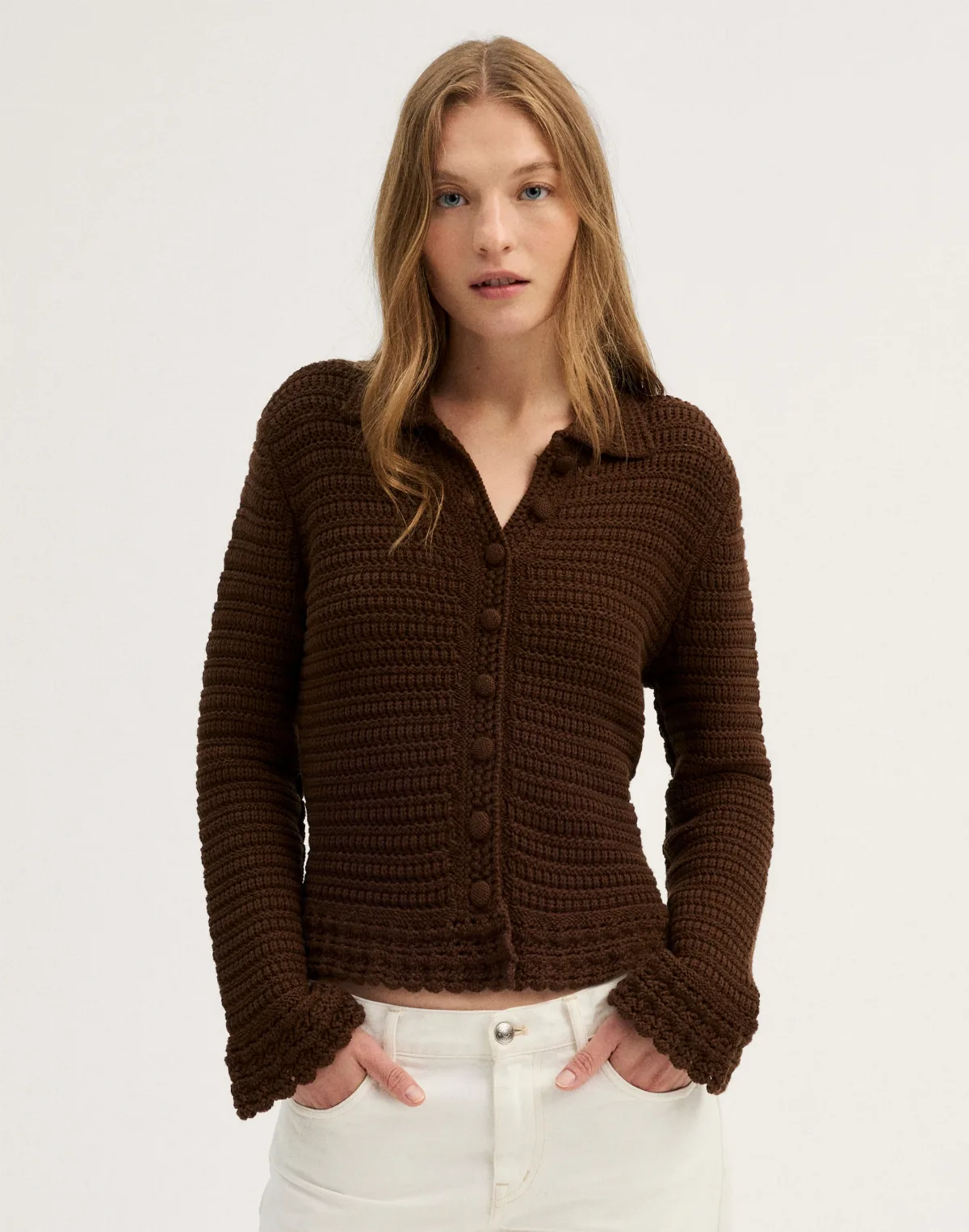 Pointelle-Knit Peplum Cardigan in 100% Cotton