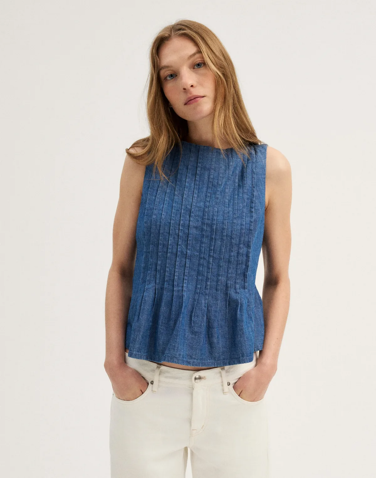 Denim Pintuck Peplum Top