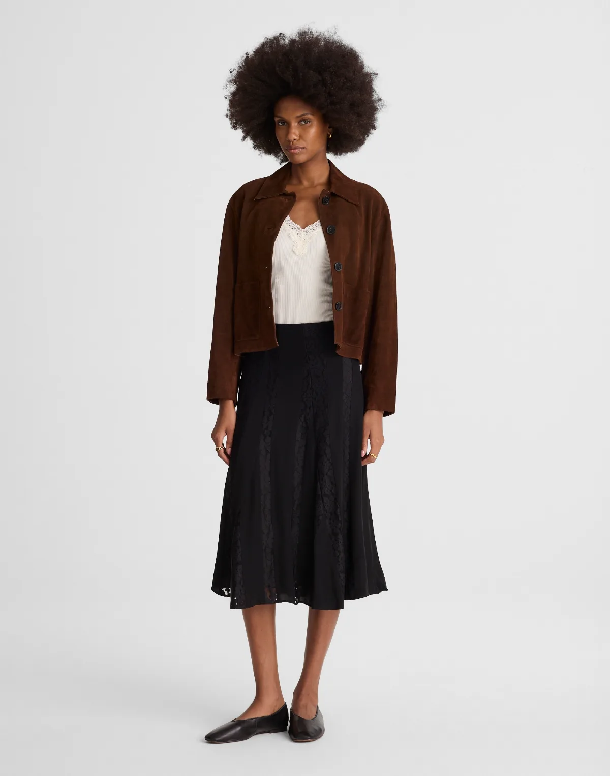 Asymmetric Lace Panel Midi Skirt by MW