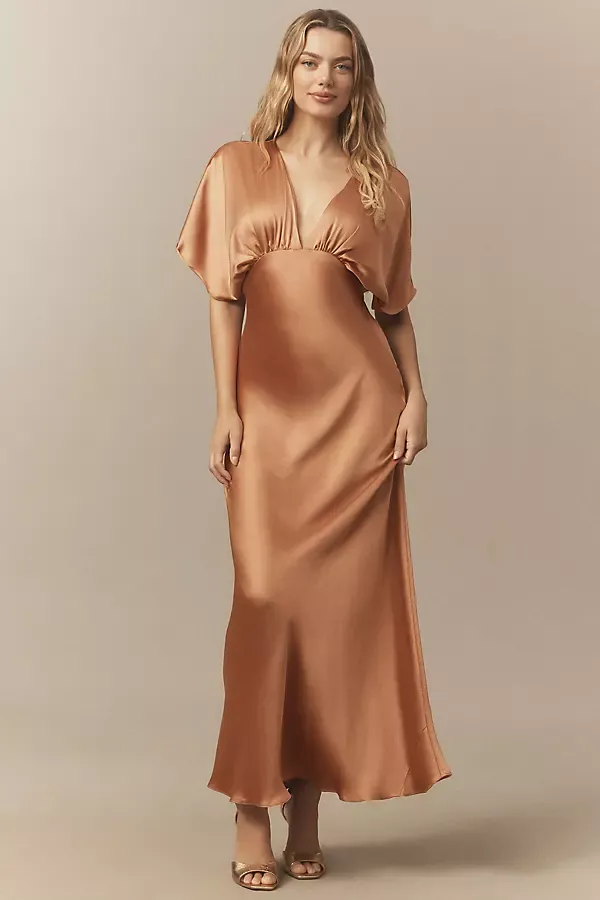 Amelia Deep-V Flutter-Sleeve Satin A-Line Gown