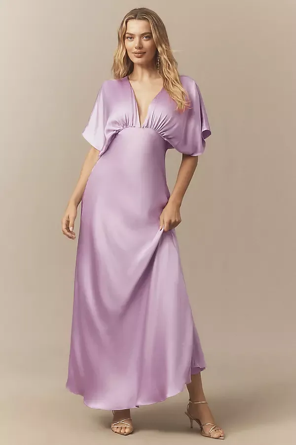 Amelia Deep-V Flutter-Sleeve Satin A-Line Gown