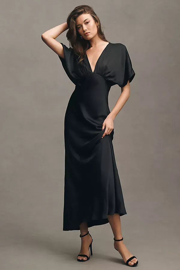 Amelia Deep-V Flutter-Sleeve Satin A-Line Gown