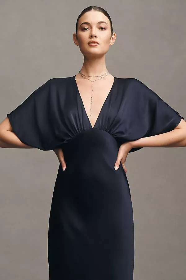Amelia Deep-V Flutter-Sleeve Satin A-Line Gown