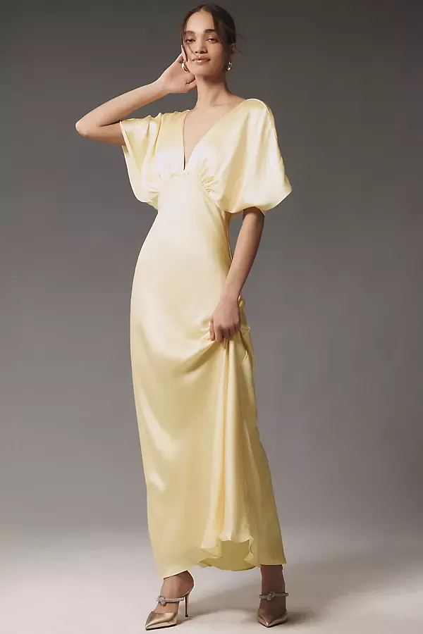 Amelia Deep-V Flutter-Sleeve Satin A-Line Gown by BHLDN