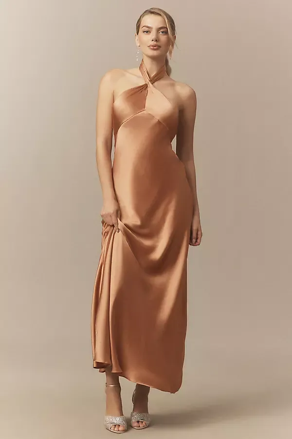 Selma Halter-Neck High-Shine Satin Maxi Dress