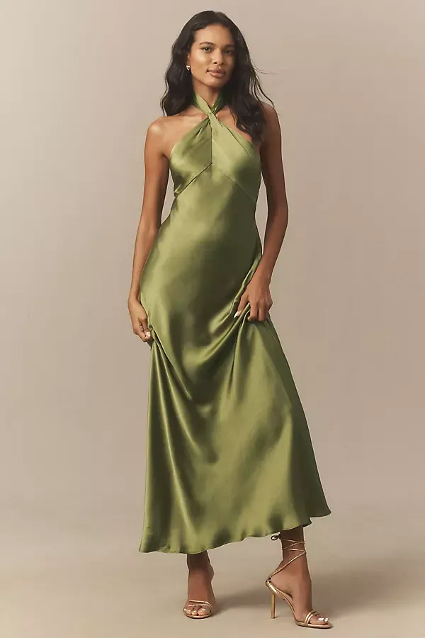 Selma Halter-Neck High-Shine Satin Maxi Dress