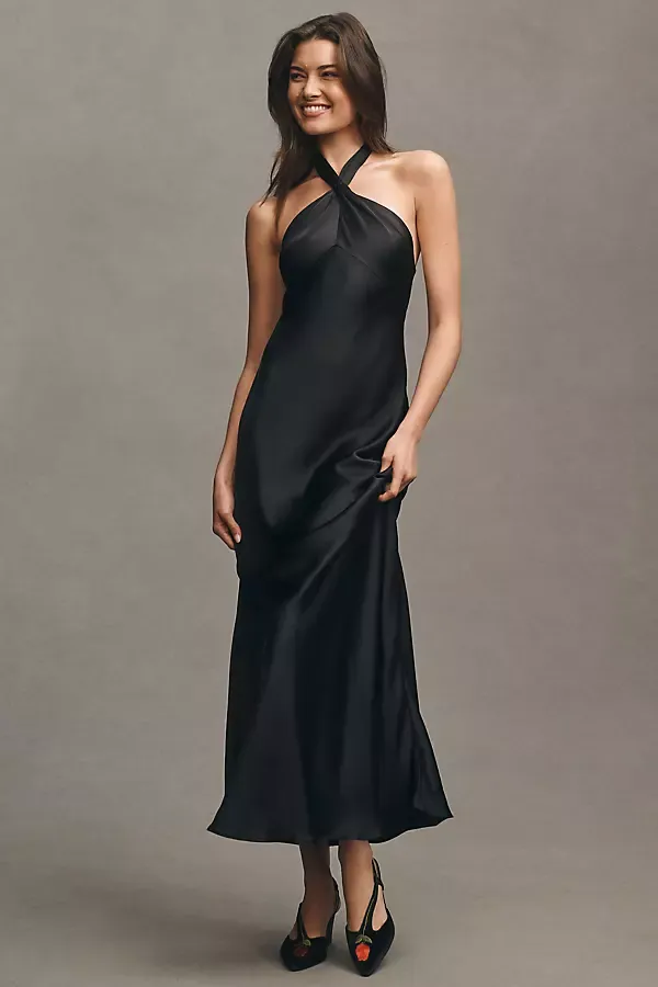 Selma Halter-Neck High-Shine Satin Maxi Dress