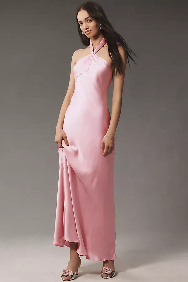 Selma Halter-Neck High-Shine Satin Maxi Dress