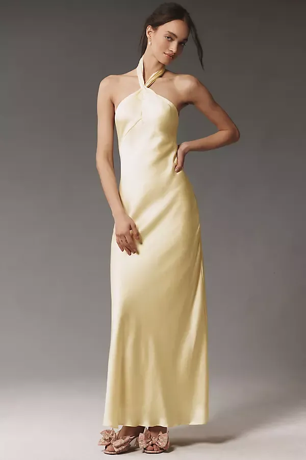 Selma Halter-Neck High-Shine Satin Maxi Dress by BHLDN