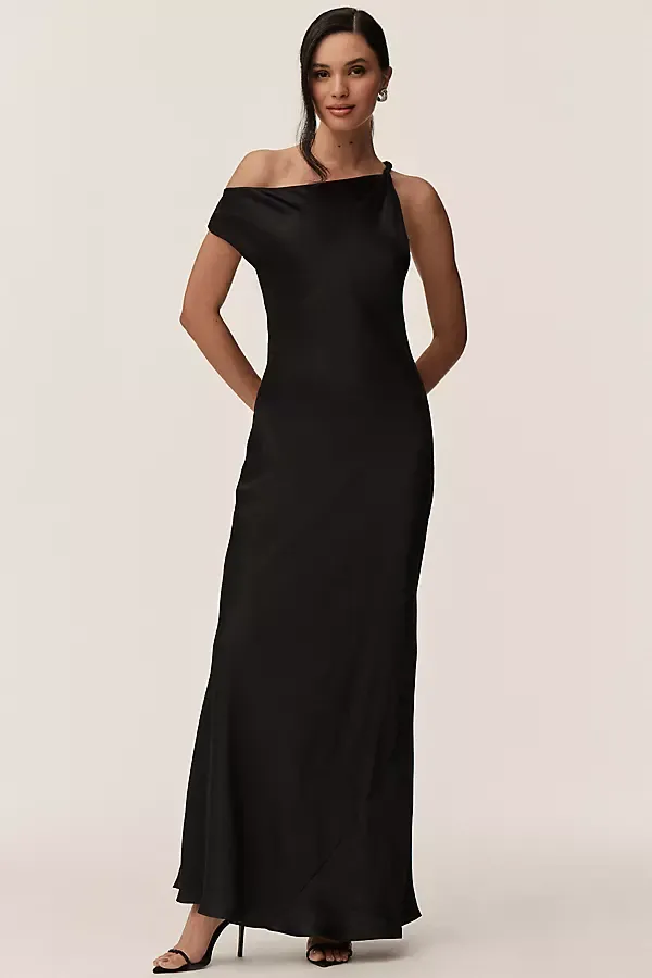 Sienna Off-The-Shoulder High-Shine Satin Maxi Dress by BHLDN
