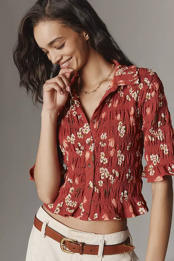 Smocked Button-Front Top by Maeve