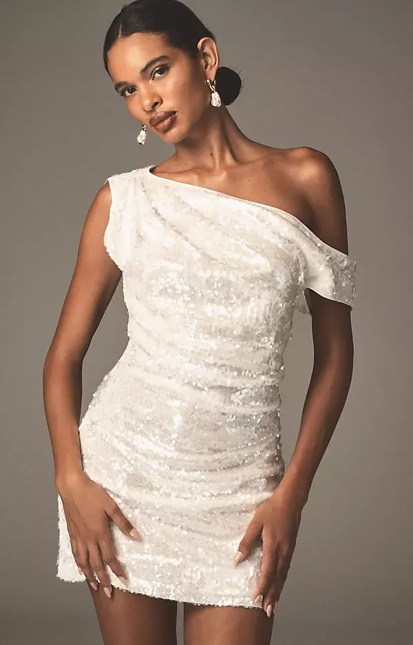 One-Shoulder Draped Sequin Slip Mini Dress by Mare Mare