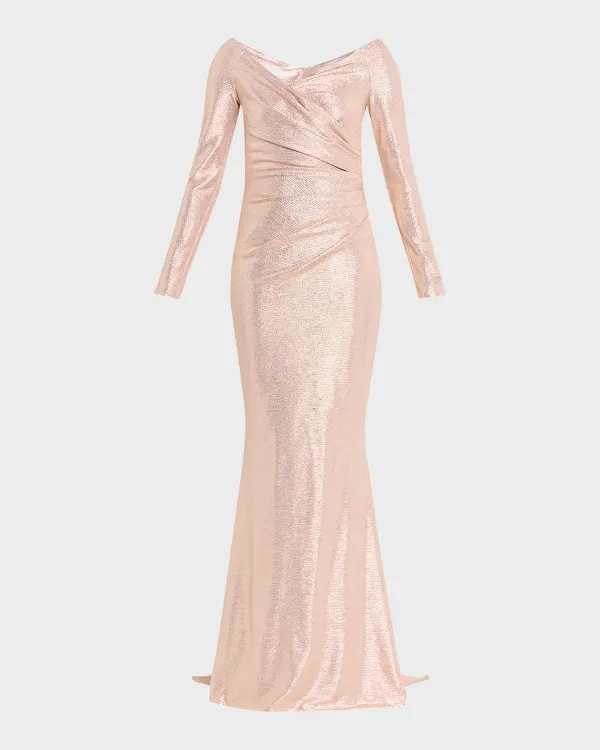 Metallic Draped Off-The-Shoulder Long-Sleeve Gown