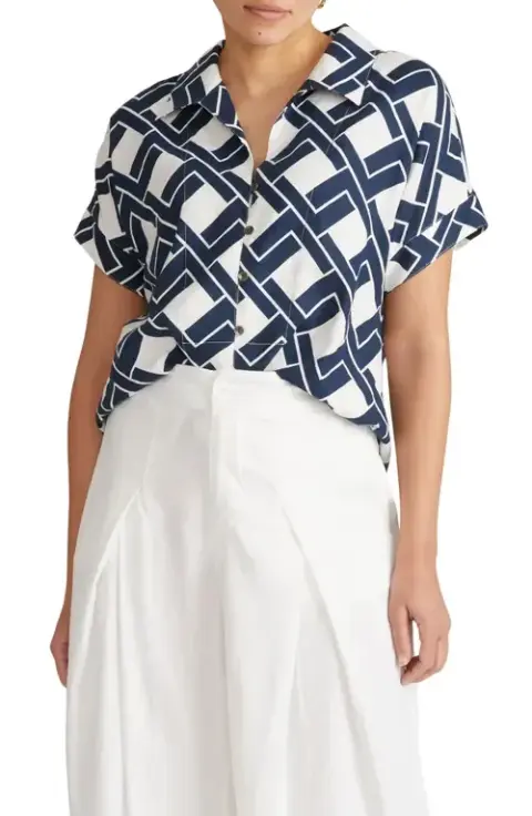 Universal Standard Sandy Print Linen Blend Button-Up Shirt